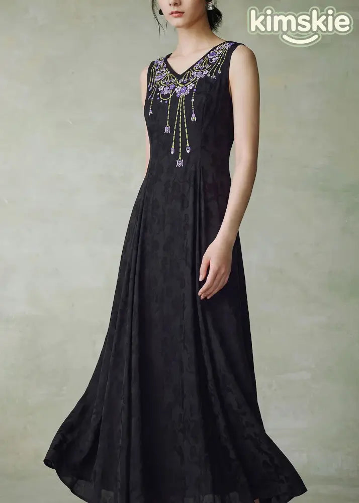 Art Black O Neck Embroidered Jacquard Silk Maxi Dress Sleeveless