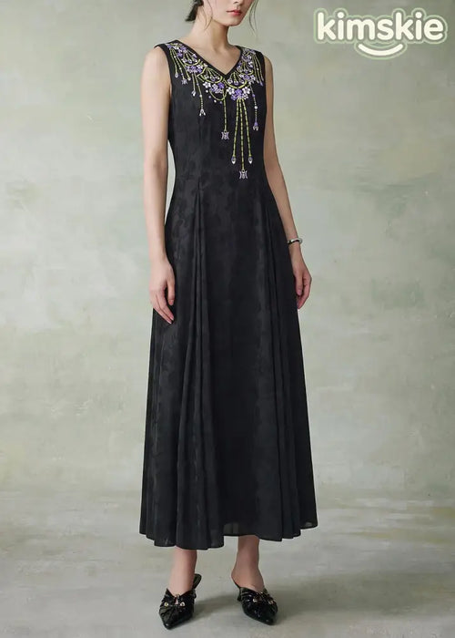 Art Black O Neck Embroidered Jacquard Silk Maxi Dress Sleeveless