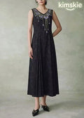 Art Black O Neck Embroidered Jacquard Silk Maxi Dress Sleeveless