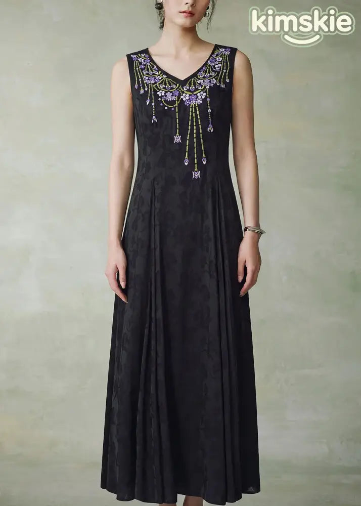 Art Black O Neck Embroidered Jacquard Silk Maxi Dress Sleeveless