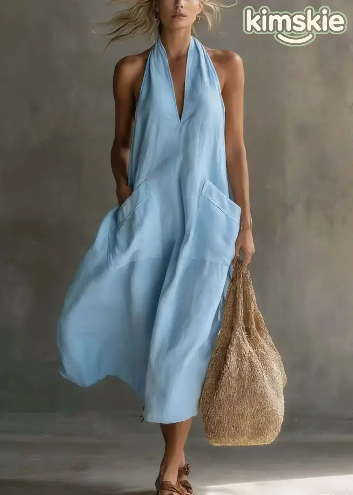 Art White Halter V Neck Pockets Cotton Maxi Dress Sleeveless