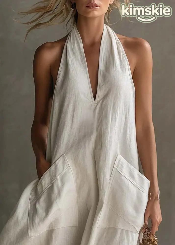 Art White Halter V Neck Pockets Cotton Maxi Dress Sleeveless