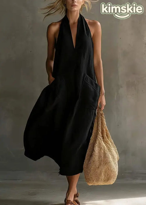 Art White Halter V Neck Pockets Cotton Maxi Dress Sleeveless
