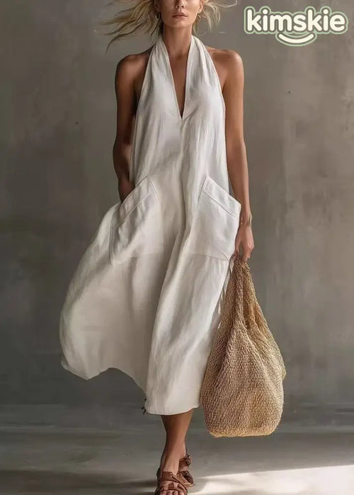 Art White Halter V Neck Pockets Cotton Maxi Dress Sleeveless