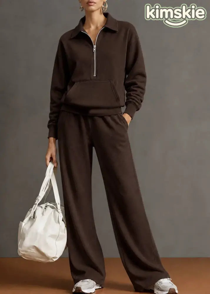 Autumn New Navy Lapel Zipper Sweatshirt Wide Leg Pants Two-Piece Set