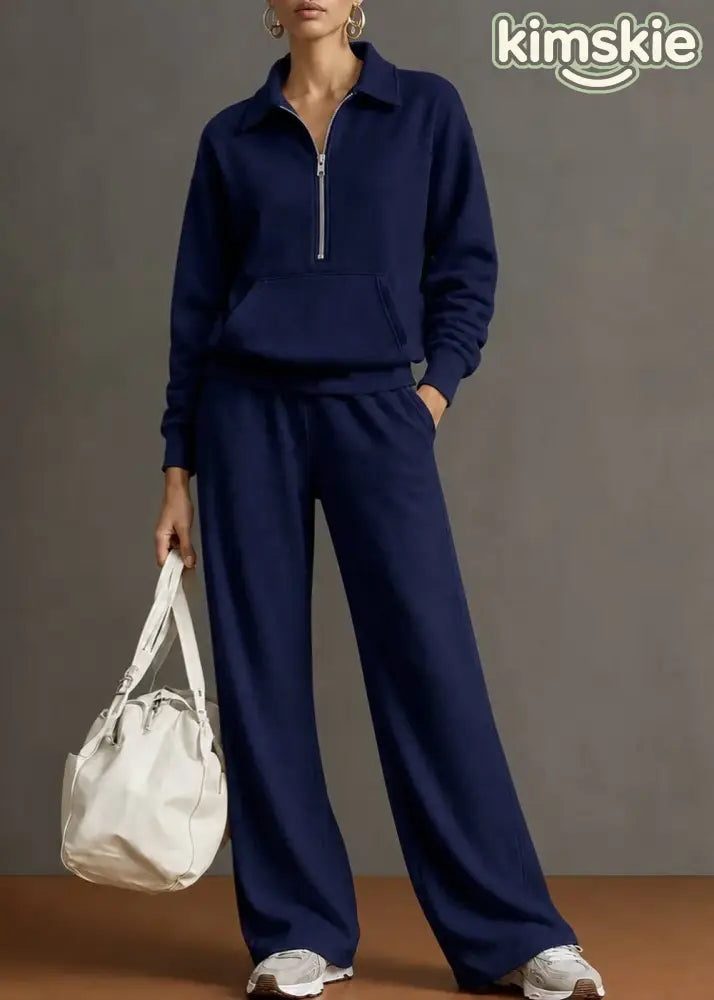 Autumn New Navy Lapel Zipper Sweatshirt Wide Leg Pants Two-Piece Set
