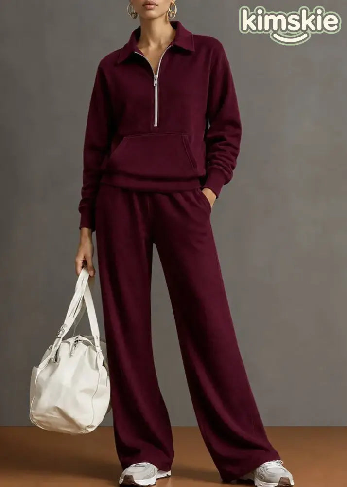 Autumn New Navy Lapel Zipper Sweatshirt Wide Leg Pants Two-Piece Set