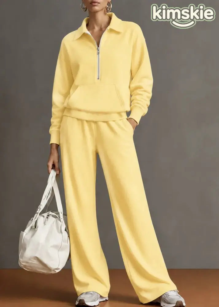 Autumn New Navy Lapel Zipper Sweatshirt Wide Leg Pants Two-Piece Set