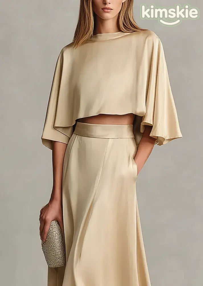 Autumn New Women’s Champagne Satin Top And Skirt Set