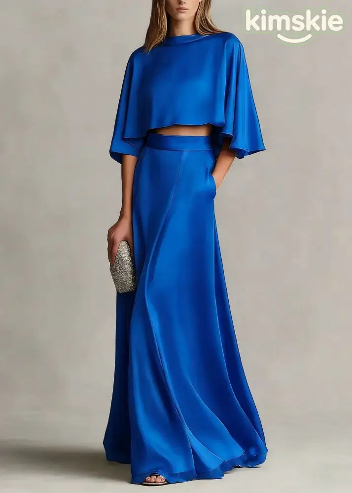 Autumn New Women’s Champagne Satin Top And Skirt Set