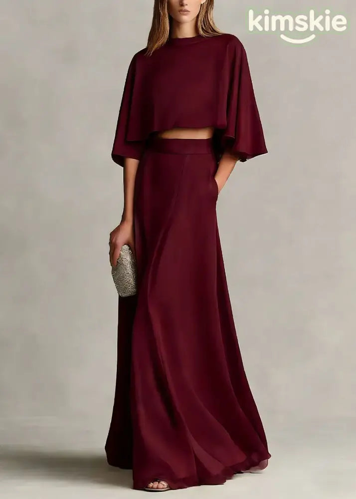 Autumn New Women’s Champagne Satin Top And Skirt Set