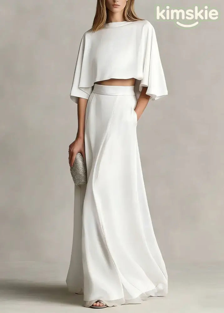 Autumn New Women’s Champagne Satin Top And Skirt Set