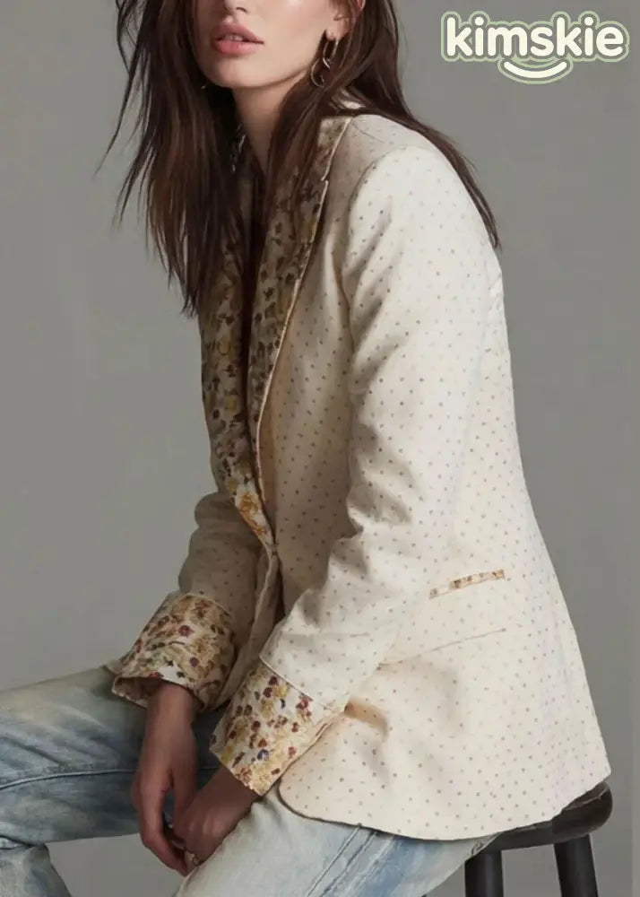 Beautiful Beige Peter Pan Collar Print Cotton Suit Coat Fall