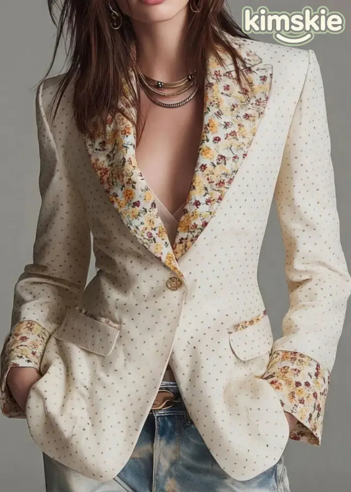 Beautiful Beige Peter Pan Collar Print Cotton Suit Coat Fall