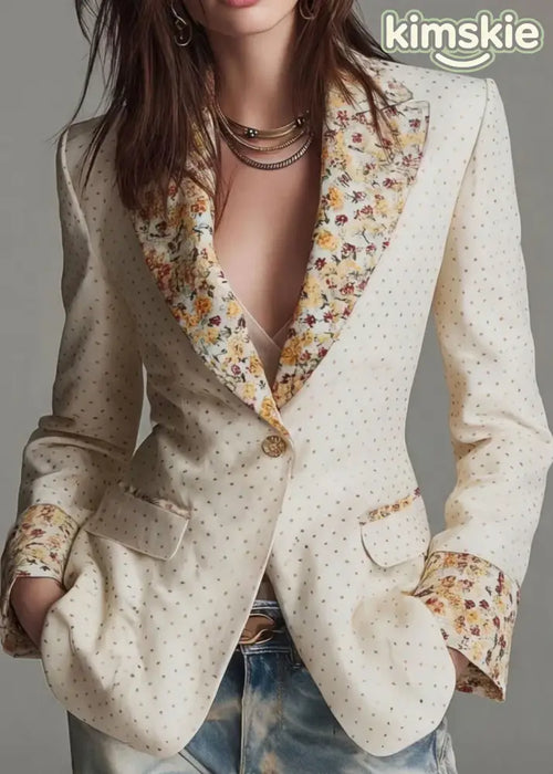 Beautiful Beige Peter Pan Collar Print Cotton Suit Coat Fall
