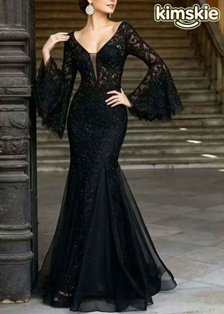 Bohemian Black V Neck Embroidered Patchwork Tulle Dresses Flare Sleeve - S(Fit for EU 38-40, US 6-8, UK/AU 10-12, IT