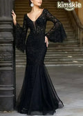 Bohemian Black V Neck Embroidered Patchwork Tulle Dresses Flare Sleeve - S(Fit for EU 38-40, US 6-8, UK/AU 10-12, IT