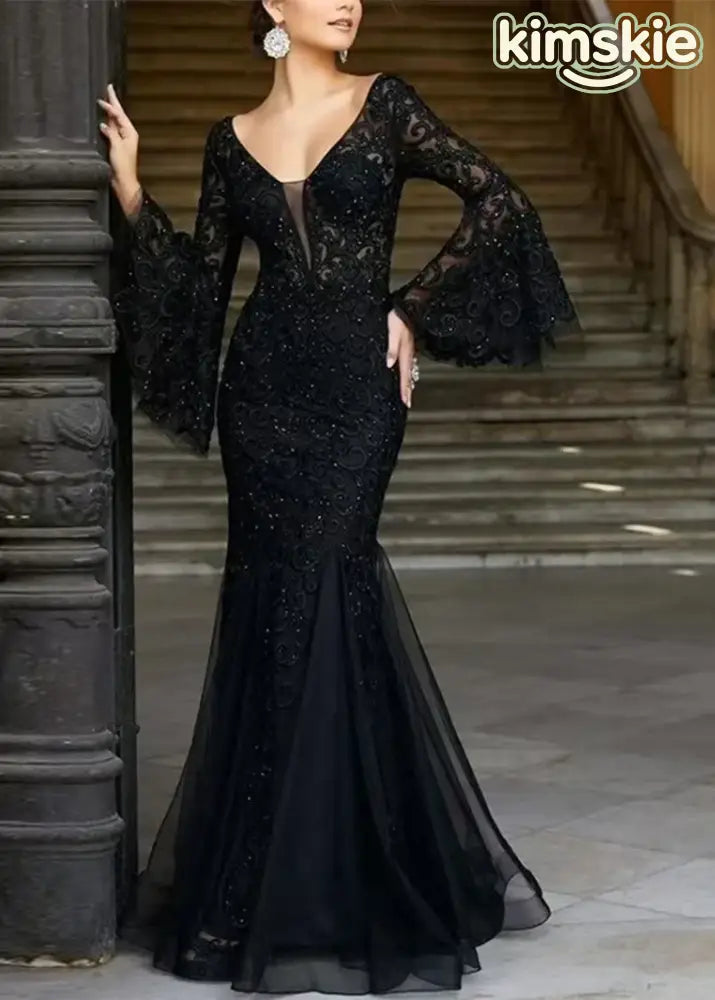 Bohemian Black V Neck Embroidered Patchwork Tulle Dresses Flare Sleeve - S(Fit for EU 38-40, US 6-8, UK/AU 10-12, IT