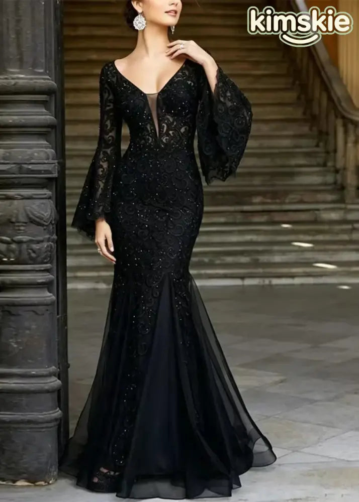 Bohemian Black V Neck Embroidered Patchwork Tulle Dresses Flare Sleeve - S(Fit for EU 38-40, US 6-8, UK/AU 10-12, IT