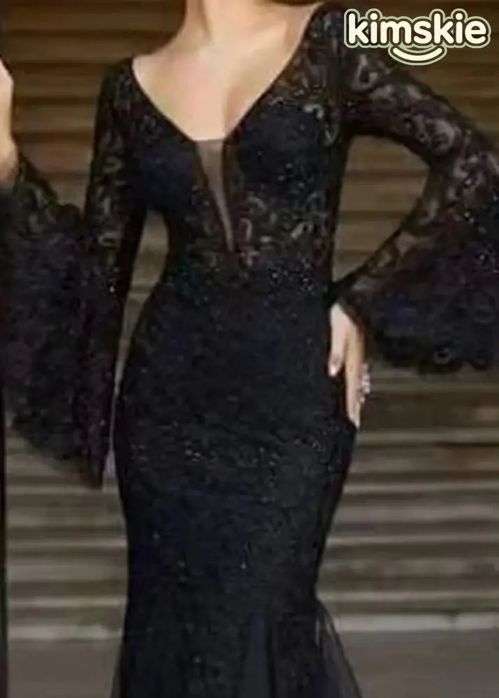 Bohemian Black V Neck Embroidered Patchwork Tulle Dresses Flare Sleeve - S(Fit for EU 38-40, US 6-8, UK/AU 10-12, IT
