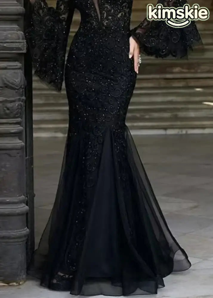 Bohemian Black V Neck Embroidered Patchwork Tulle Dresses Flare Sleeve - S(Fit for EU 38-40, US 6-8, UK/AU 10-12, IT