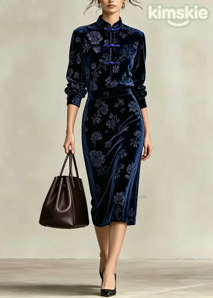 Bohemian Blue Mandarin Collar Two Pieces Set Long Sleeve