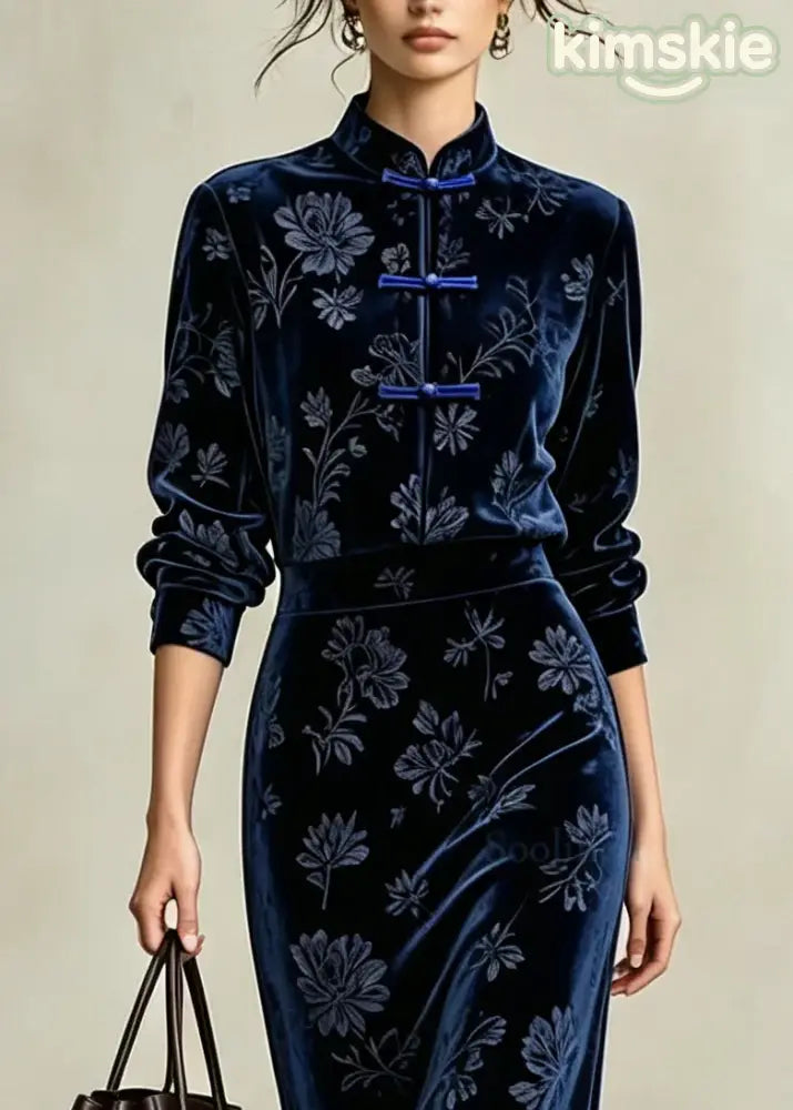 Bohemian Blue Mandarin Collar Two Pieces Set Long Sleeve
