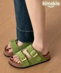 Boho Splicing Platform Green Suede Slide Sandals Peep Toe