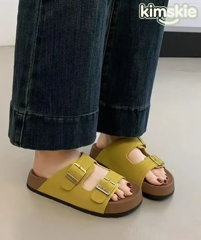 Boho Splicing Platform Green Suede Slide Sandals Peep Toe