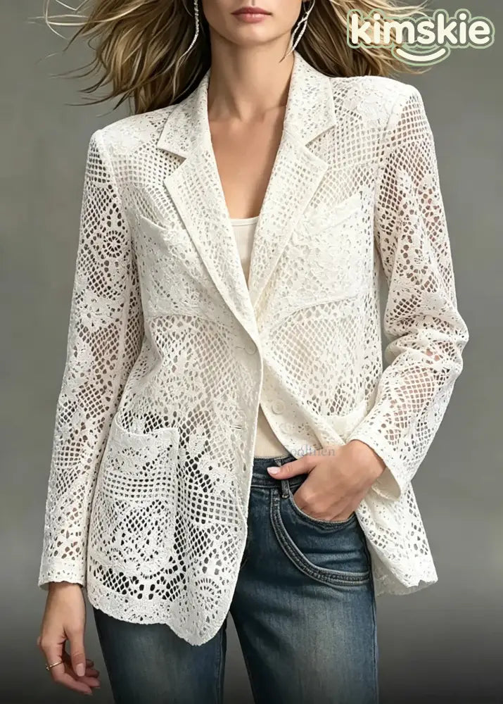 Boho White Notched Cut Out Pockets Jacket Long Sleeve