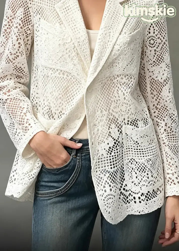 Boho White Notched Cut Out Pockets Jacket Long Sleeve