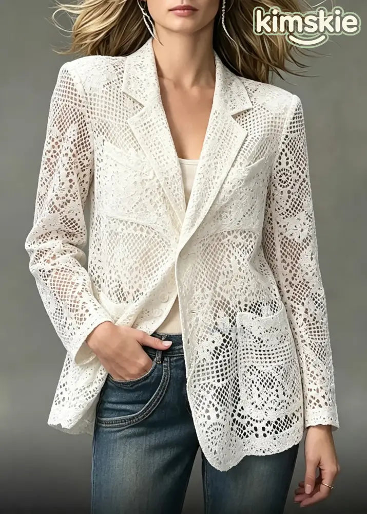 Boho White Notched Cut Out Pockets Jacket Long Sleeve