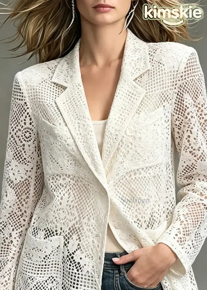 Boho White Notched Cut Out Pockets Jacket Long Sleeve