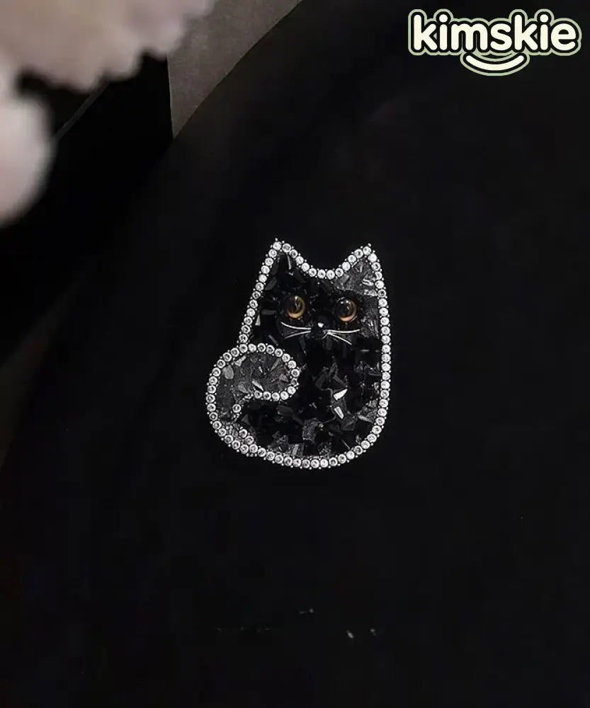 Boutique Black Alloy Crystal Zircon Cat Brooches