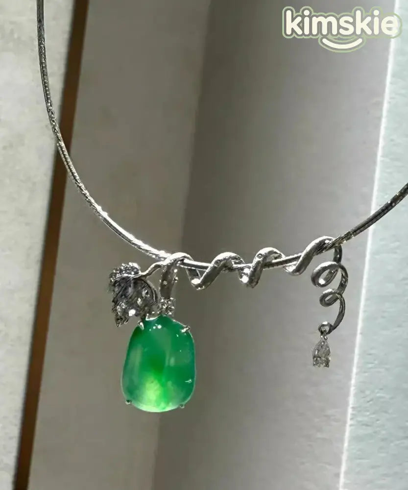 Brief Green Stainless Steel Inlaid Zircon Jade Pendant Necklace