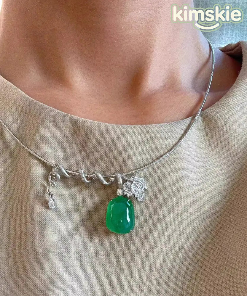 Brief Green Stainless Steel Inlaid Zircon Jade Pendant Necklace