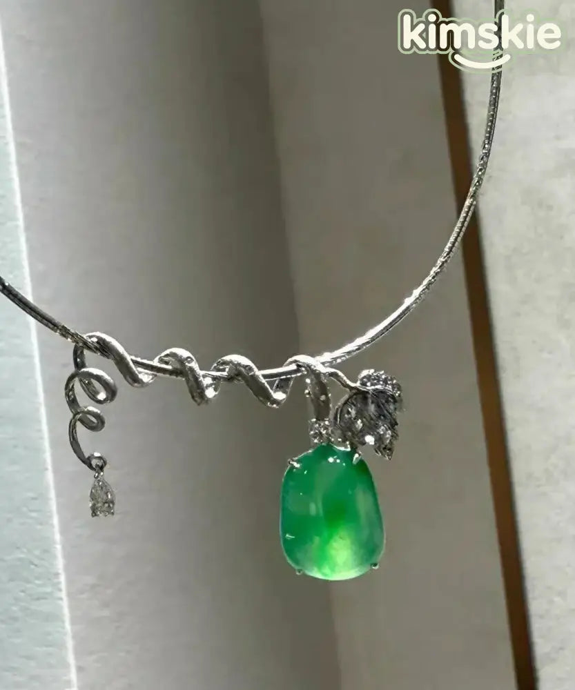 Brief Green Stainless Steel Inlaid Zircon Jade Pendant Necklace