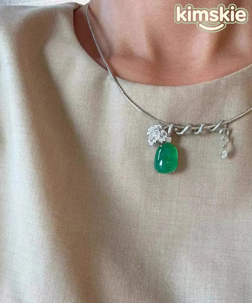Brief Green Stainless Steel Inlaid Zircon Jade Pendant Necklace