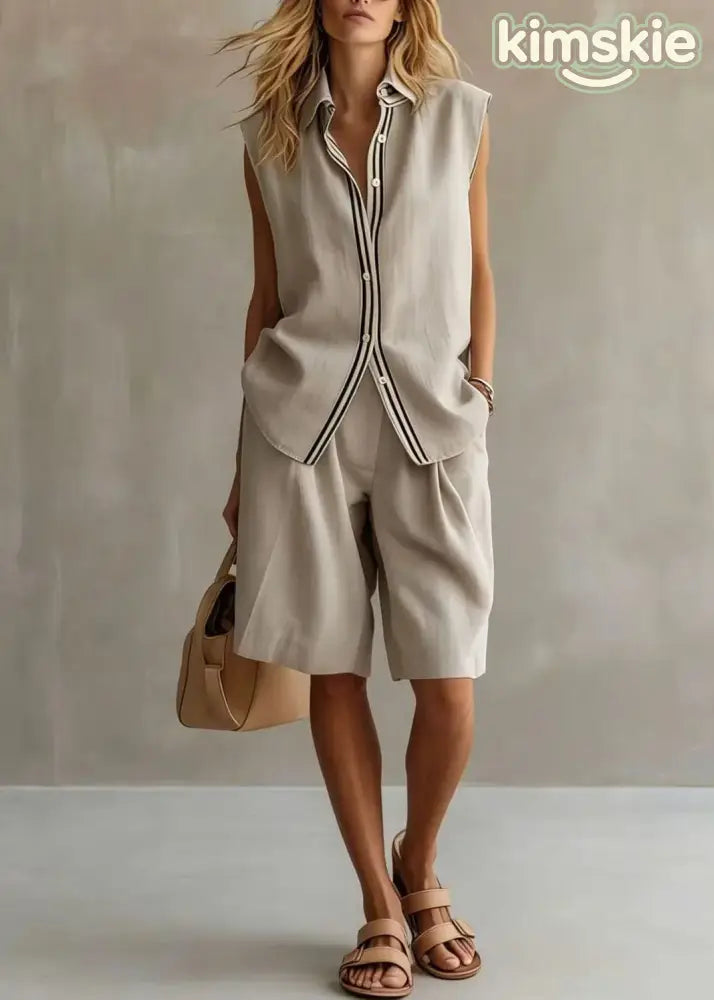 Casual Beige Peter Pan Collar Patchwork Linen Two-Piece Set Sleeveless