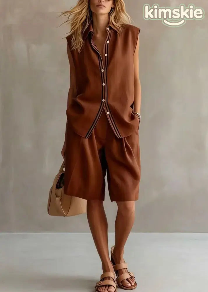 Casual Beige Peter Pan Collar Patchwork Linen Two-Piece Set Sleeveless
