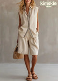 Casual Beige Peter Pan Collar Patchwork Linen Two-Piece Set Sleeveless