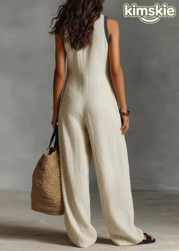 Casual Black V Neck Patchwork Cotton Jumpsuits Sleeveless