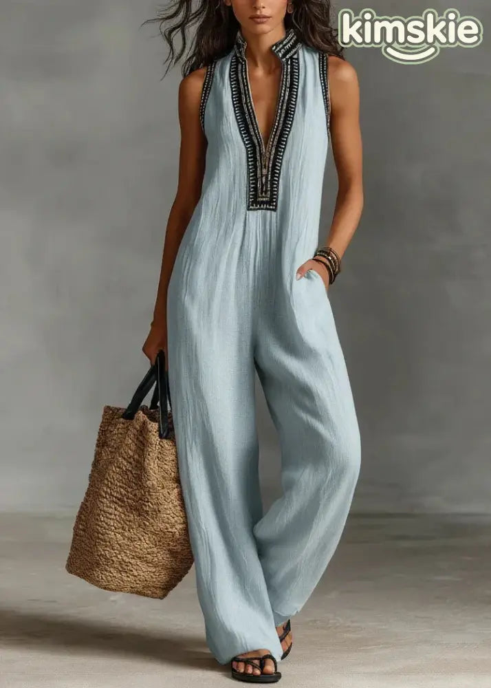 Casual Black V Neck Patchwork Cotton Jumpsuits Sleeveless