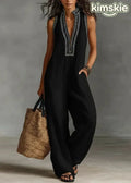 Casual Black V Neck Patchwork Cotton Jumpsuits Sleeveless