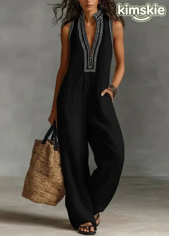 Casual Black V Neck Patchwork Cotton Jumpsuits Sleeveless