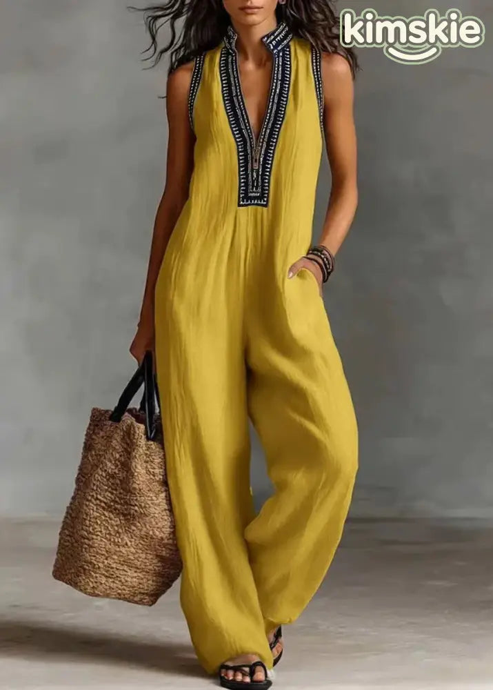 Casual Black V Neck Patchwork Cotton Jumpsuits Sleeveless