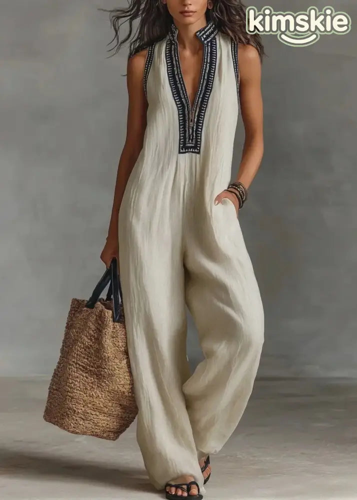Casual Black V Neck Patchwork Cotton Jumpsuits Sleeveless