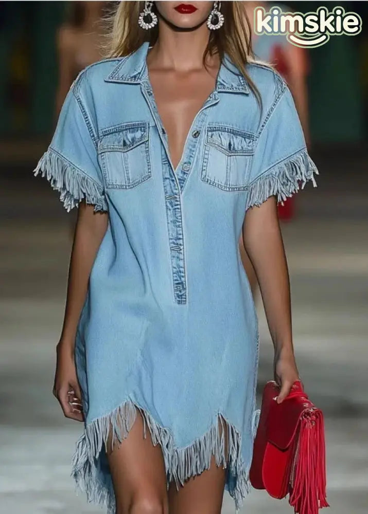Casual Blue Peter Pan Collar Tassel Denim Shirts Dress Summer
