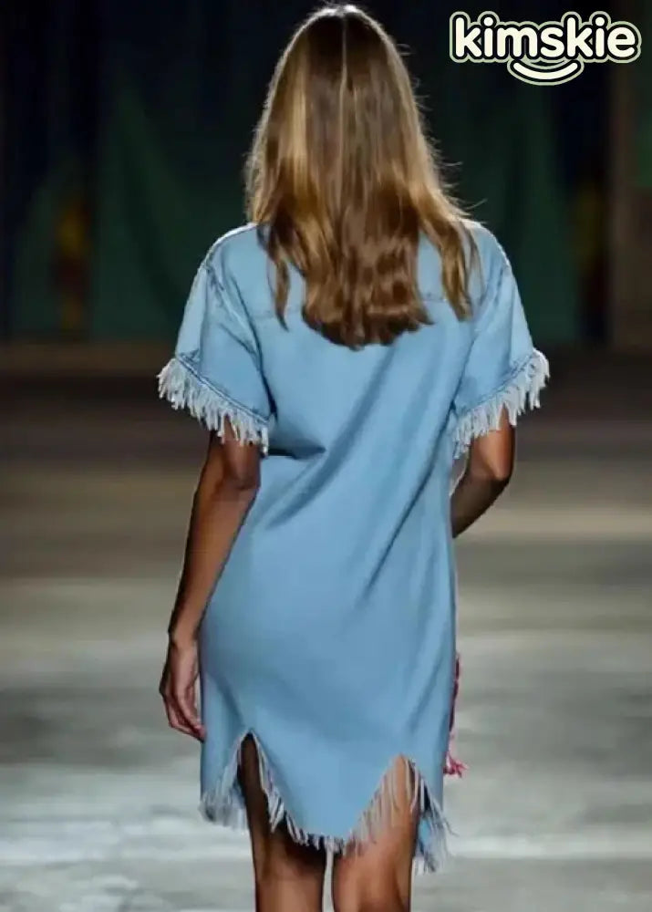 Casual Blue Peter Pan Collar Tassel Denim Shirts Dress Summer