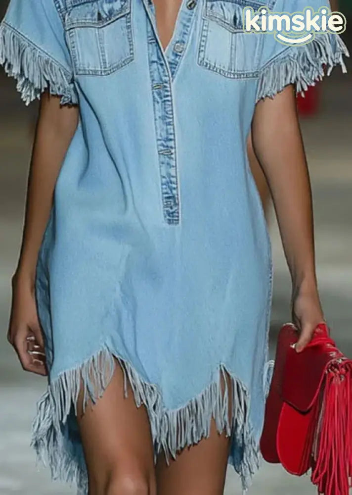 Casual Blue Peter Pan Collar Tassel Denim Shirts Dress Summer